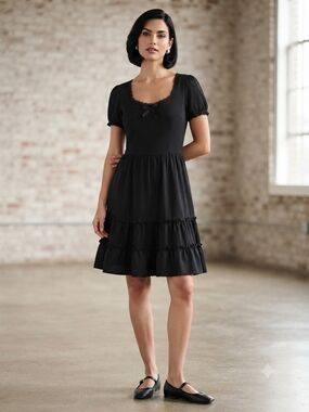 Hell Bunny Black Puff Sleeve Tiered Mini Dress Size Med
